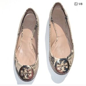 Tory Burch Beige Snakeskin Flats with Gold Logo